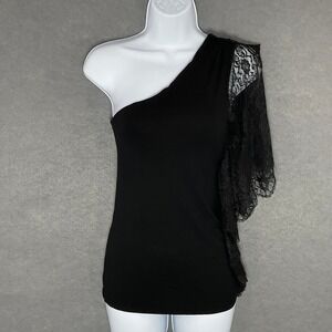 Bebe One‎ Shoulder Top Lace Sleeve Party Cocktail Blouse Black XS Romantic